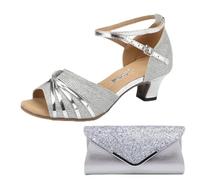 XZEIT Women's Latin Shoes and Clutches & Evening Bag Set Prom Professional Rumba Sequins Heel Solid Color High Heel Peep Toe Buckle Adults',Silver,6.5 UK