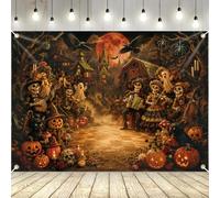 Xzentira 7 x 5 FT Halloween Photo Backdrop Skeleton Band Red Moon Pumpkin Photography Background for Kids Family Party Banner Decor Happy Halloween Haunted House Party Decorations