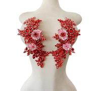 XZG.beatal Handmade Shining Rhinestones lace Applique Patches Sewing Beads Sequins Stone Trim Accessories for Wedding Dress 1 Pair/Bag 11X4.3inches (Red Pink)