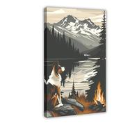 XZGTHYTYUY A Dog Sitting on A Rock near A Campfire Canvas Poster Bedroom Decor Landscape Office Room Decor Gift 24x36inch(60x90cm)