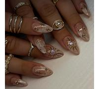 XZMeiLun 3D Boho Stars Gold False Nails, Medium, 30 Pieces, Reusable Acrylic Nails with Hearts and Charms, False Nails with Cute Heavenly Details, Fake Nails