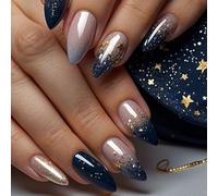 XZMeiLun Spring Fake Acrylic Press On Nails - Starry Sky Designer False Nails Medium Almond, Salon Quality, Glossy Reusable Stick-On Nails for Weddings, Outdoor Picnics & Parties | Gift for Women