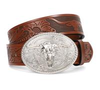 XZQTIVE Western Leather Belt for Men Women Cowgirl Cowboy Belt Country Belt Silver Buckle Tooled Leather Belt for Jeans