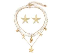 XZSKD 3/4 Layers Ocean Charm Necklace Set with starfish earrings, shell necklace starfish necklace 14K Gold Plated Starfish Gold Earrings for Women Girls