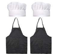 XZSKD 4pcs Chef Hat & Apron, Adults Adjustable Bib Apron with Pockets, Black & White Striped, Unisex, Suitable for Home Kitchen, Gardening, Cafes & House