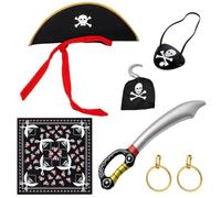 XZSKD Pirate Costume, 7-Piece Pirate Dress Up Set With Headscarf Captain Hat Hook Eye Patch Inflatable Sword Earrings, Themed Birthday Parties Halloween Costume Events School Role Play Activities