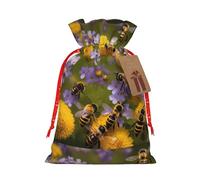 Xzsxhe Rural Honey Bees Wildflowers Print Christmas Gift Bags, Drawstring Gift Wrap Bags Candy Storage Bag Reusable Party, Small, Black