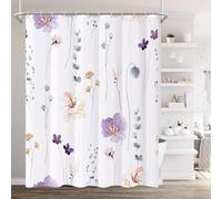 XZTXBest Purple Floral Shower Curtain, Flower Bath Curtain for Bathroom, Modern Minimalist White Bathroom Curtain, Long Shower Curtain, Mildew Resistant, Weighted Hem, Fabric with 12 Hooks 180x180cm