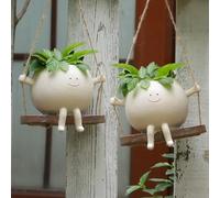 Xzunk 2 Pcs Swing Hanging Planter Cute Planter Pots for Outdoor Plants Indoor Face Hanging Head Succulent Pots for String Resin Lovely Flower Pots Plant Hanger Indoor with Drainage Hole Gifts