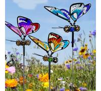 Xzyden 3Pcs Butterfly Garden Stake Decor,Glass & Metal Yard Art Ornaments,Vibrant Garden Decor, Butterfly Metal Art Stakes,Blue&Pink&Yellow,50x9.5cm
