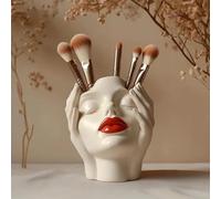 Xzyden Artistic Bohemian Female Empowerment Makeup Brush Organizer with Hand-Painted Design - 1-Pack Ceramic Cosmetic Storage Holder for Vanity Countertop Decor (Cream White, 12x8x17cm) (B)