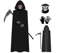 Xzyden Halloween Party Costume, 4-Piece Grim Reaper Costume Set for Adults: Cloak, Gloves, Scythe, Mask, Costumes for Halloween, Christmas, Easter,Black