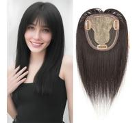 Y-Division Base Human Hair Topper Clip in Straight Hair Wiglet Middle Part with Bangs Extension Forehead Replacement Wig for Women With Thinning Hair (30cm Medium Brown)