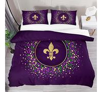 Y-DSIWX Mardi Gras Dotted Frame with Golden Fleur de lis Duvet Covers Set Double Size, Soft Tencel Quilt Bedding with Zipper Closure Easy Care, 3 Pieces (1 Duvet Cover + 2 Pillowcases)