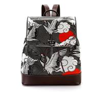 Y-DSIWX Women’s Flap Backpack Purse Japanese Cranes with Clouds and Red Sun PU Leather Work Travel Rucksack Daypack for Ladies Girls