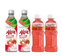 Y-Go Mixed Aloe Vera & Nata de Coco Drinks 4-Pack | Includes 2 Aloe Vera Strawberry and 2 Nata de Coco Strawberry Bottles | Refreshing Tropical Ready-to-Drink Beverages