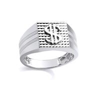 (Y) Jewelco London Rhodium Plated Sterling Silver $ Dollar Sign Engine Turned Double Grooved Square Signet Ring - GSR1102