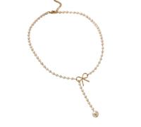 Y-Shape Layered Pearl Choker Necklace With Bow Accent And Adjustable Rose Gold Plated Chain - Delicate White Pearls Y-Drop Pendant For Women Formal Casual Occasions Minimalist Elegant Jewellery