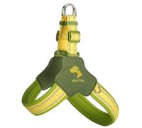 Y-shaped anti-pull dog harness designed specifically for French Bulldog. It features an adjustable, softly padded chest vest with reflective strips, breathable design green S
