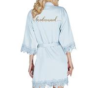 Y WJing Yi Bridal Silk Kimono Robe - Satin Bridesmaid Lace Trim Dress with Monograms