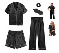 Y WJing Yi Jia 5Pcs Womens Silk Satin Pyjama Sets Short Pj Sets Button Down Pjs Set Pyjamas Sleepwear Loungewear Black