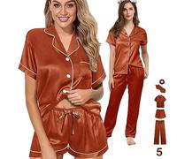 Y WJing Yi Jia 5Pcs Womens Silk Satin Pyjama Sets Short Pj Sets Button Down Pjs Set Pyjamas Sleepwear Loungewear