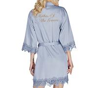 Y WJing Yi Jia Bride Robe Womens Kimono Robes Satin Bridesmaid Wedding Party Robes Bridal Morning Robes Silk Lace Trim Robes Silky Dressing Gown With Monograms Print, Dusty Blue-G