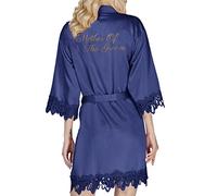 Y WJing Yi Jia Bride Robe Womens Kimono Robes Satin Bridesmaid Wedding Party Robes Bridal Morning Robes Silk Lace Trim Robes Silky Dressing Gown With Monograms Print, Navy-G