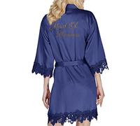 Y WJing Yi Jia Bride Robe Womens Kimono Robes Satin Bridesmaid Wedding Party Robes Bridal Morning Robes Silk Lace Trim Robes Silky Dressing Gown With Monograms Print, Navy-H, 3XL