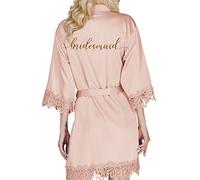 Y WJing Yi Jia Bride Robe Womens Kimono Robes Satin Bridesmaid Wedding Party Robes Bridal Morning Robe Silky Robes Lace Trim Monograms - Color: Pale Blush - One Size
