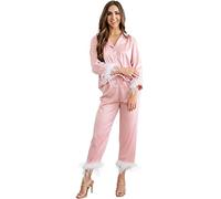 Y WJing Yi Jia Feather Pyjamas For Women Silk Satin Pyjama Set Long Womens 2pc Pj Sets Bridesmaid Bride Pj Set Bridal Button Down Sleepwear Wedding Pajamas Loungewear