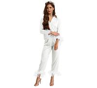 Y WJing Yi Jia Feather Pyjamas For Women Silk Satin Pyjama Set Long Womens 2pc Pj Sets Bridesmaid Bride Pj Set Bridal Button Down Sleepwear Wedding Pajamas Loungewear White