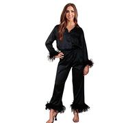 Y WJing Yi Jia Feather Pyjamas For Women Silk Satin Pyjama Set Long Womens 2pc Pj Sets Bridesmaid Bride Pj Set Bridal Button Down Sleepwear Wedding Pajamas Loungewear Black