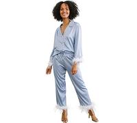 Y WJing Yi Jia Feather Pyjamas For Women Silk Satin Pyjama Set Long Womens 2pc Pj Sets Bridesmaid Bride Pj Set Bridal Button Down Sleepwear Wedding Pajamas Loungewear Dusty Blue