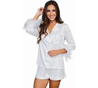 Y WJing Yi Jia Feather Pyjamas For Women Silk Satin Pyjama Set With Shorts Womens 2pc Pj Sets Bridesmaid Bride Pj Set Bridal Button Down Sleepwear Wedding Pajamas Loungewear White