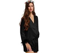 Y WJing Yi Jia Feather Pyjamas For Women Silk Satin Pyjama Set With Shorts Womens 2pc Pj Sets Bridesmaid Bride Pj Set Bridal Button Down Sleepwear Wedding Pajamas Loungewear Black