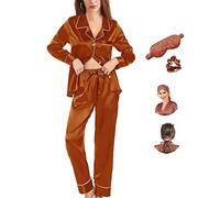 Y WJing Yi Jia Pyjamas For Women Ladies Silk Satin Pyjama Set Long 2pc Pj Sets Bride Pj Set Bridal Button Down Sleepwear Bridesmaid Pajamas Loungewear With Eye mask And Scrunchies 3 In 1 Set…