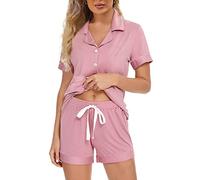 Y WJing Yi Jia Pyjamas For Women Set Short Ladies 2Pcs Pj Sets Button-Down Pyjama Sleepwear Plain Short Sleeve Shirt With Shorts Bridesmaid Bride Jersey Pajamas Bridal Pj Set For Womens Dusty Rose