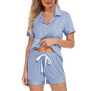 Y WJing Yi Jia Pyjamas For Women Set Short Ladies 2Pcs Pj Sets Button-Down Pyjama Sleepwear Plain Short Sleeve Shirt With Shorts Bridesmaid Bride Jersey Pajamas Bridal Pj Set For Womens Dusty Blue