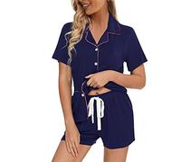 Y WJing Yi Jia Pyjamas For Women Set Short Ladies 2Pcs Pj Sets Button-Down Pyjama Sleepwear Plain Short Sleeve Shirt With Shorts Bridesmaid Bride Jersey Pajamas Bridal Pj Set For Womens Navy