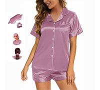 Y WJing Yi Jia Pyjamas For Women Silk Satin Pyjama Set Shorts 2pc Pj Sets Bridal Button Down Sleepwear Bridesmaid Loungewear With Monograms Sashes Eye masks Scrunchies 4 In 1 Set, Mauve-b, XXL