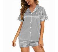 Y WJing Yi Jia Pyjamas For Women Silk Satin Pyjama Set Shorts 2pc Pj Sets Bride Bridal Button Down Sleepwear Bridesmaid Loungewear With Monograms Sashes Eye masks Scrunchies 4 In 1 Set, Light Grey-b