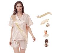 Y WJing Yi Jia Pyjamas For Women Silk Satin Pyjama Set Shorts Set 66pc Pj Sets Bride Pjs Set Bridal Button Down Sleepwear Bridesmaid Pyjamas Loungewear With Monograms Sashes Eye masks Scrunchies