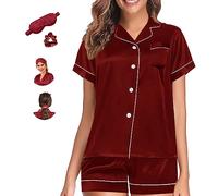 Y WJing Yi Jia Pyjamas Silk Satin Pyjama Set Shorts Set 2pc Pj Sets Bridal Button Down Sleepwear Bridesmaid Pyjamas Loungewear w/ Monograms Sashes Eye masks Scrunchies 4 In 1 Set, Burgundy-b, XL