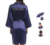 Y WJing Yi Jia Women Silk Bridesmaid Robes Ladies Satin Bride Robe Wedding Party with eye mask and scrunchie 3 In 1 Set Monograms Print Bridal Sleepwear