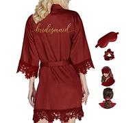 Y WJing Yi Jia Women Silk Robes Bridesmaid Robe Ladies Lace Satin Robe Bride Robes Wedding Party with eye mask scrunchie 3 In 1 Set Monograms Print Bridal Sleepwear