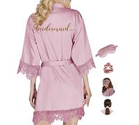 Y WJing Yi Jia Women Silk Robes Bridesmaid Robe Ladies Lace Satin Robe Bride Robes Wedding Party with eye mask scrunchie 3 In 1 Set Monograms Print Bridal Sleepwear