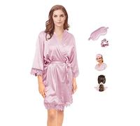 Y WJing Yi Jia Women Silk Robes Ladies Lace-Trim Bridesmaid Satin Robe for Wedding Party with satin eye masks and scrunchies 3 In 1 Set Sleepwear