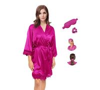 Y WJing Yi Jia Women Silk Robes Ladies Lace-Trim Bridesmaid Satin Robe for Wedding Party with satin eye masks and scrunchies 3 In 1 Set Sleepwear
