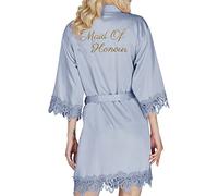 Y WJing Yi Jia Women's Dusty Blue-H 3XL Silk Satin Bride Robe With Monograms Print, V-Neck, Tie Closure, Floor Length, Plain, Adult, Bridal Shower, Wedding, Valentine's Day, Housecoat Robe